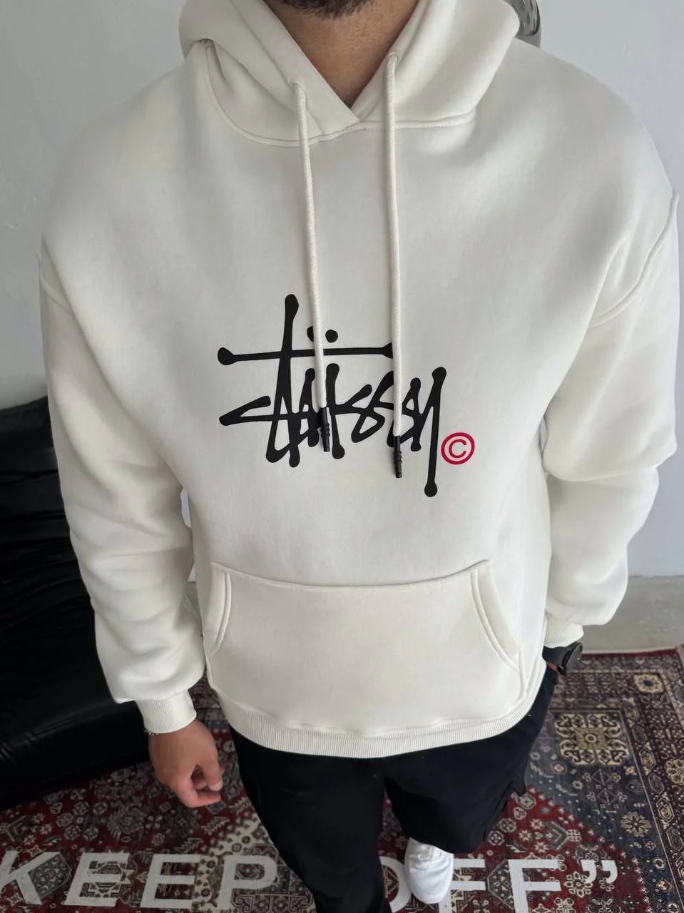 Üç İplik Kapşonlu Baskılı SweatShirt - Siyah