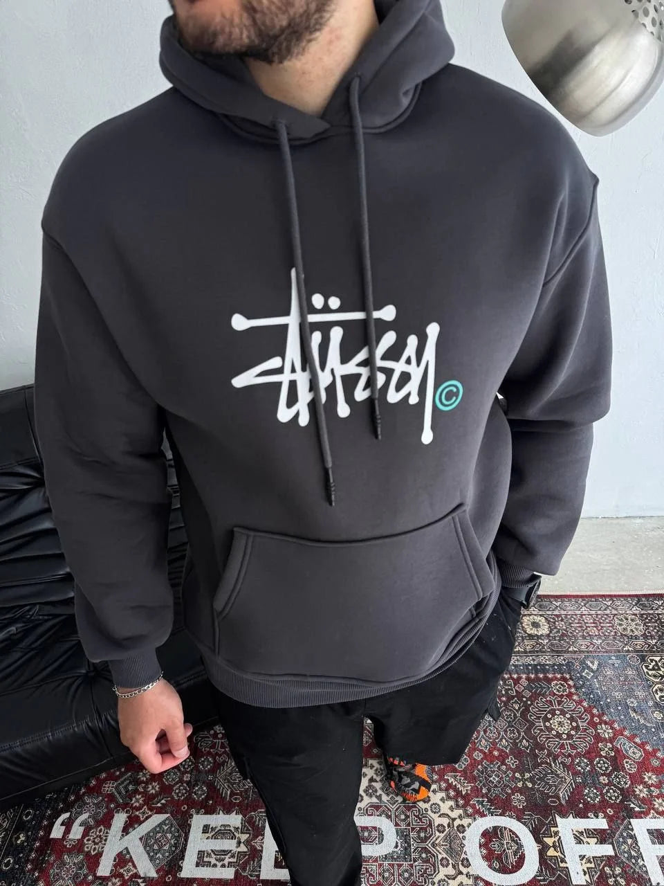Üç İplik Kapşonlu Baskılı SweatShirt - Siyah