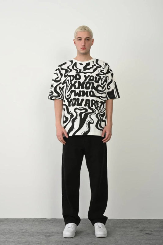 Unisex Baskılı Bisiklet Yaka Oversize T-Shirt - Beyaz