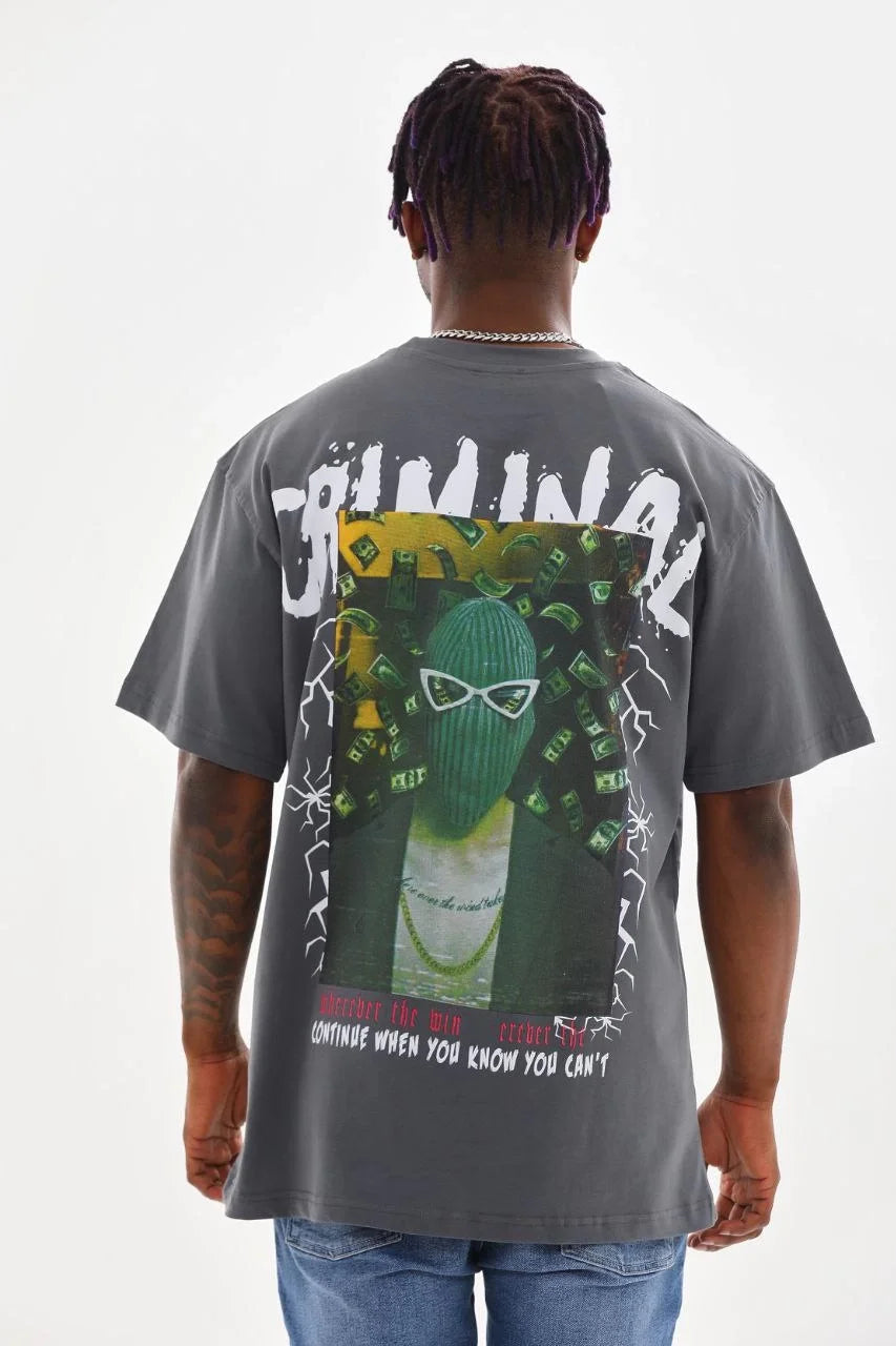 Unisex Baskılı Oversize T-Shirt - Mavi