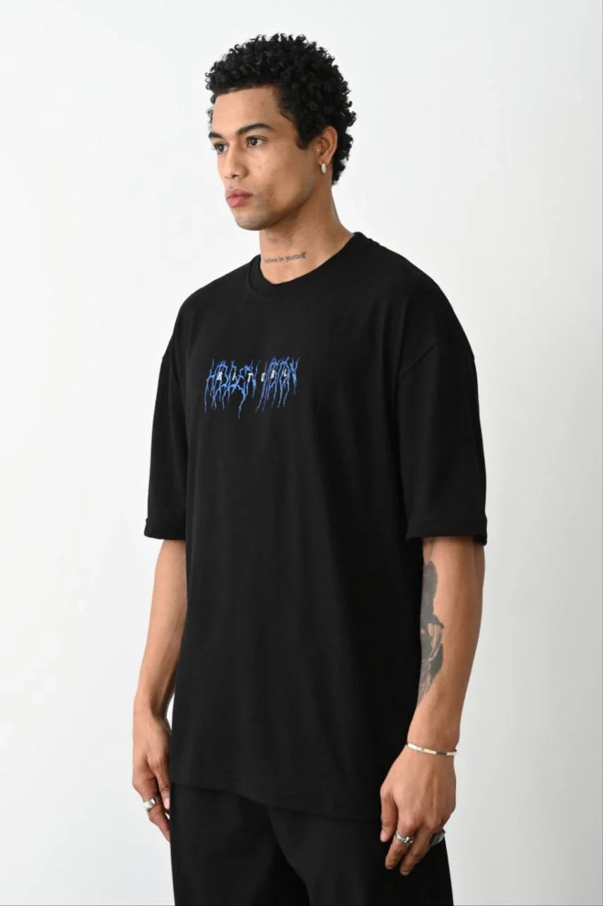Unisex Baskılı Oversize T-Shirt - Siyah