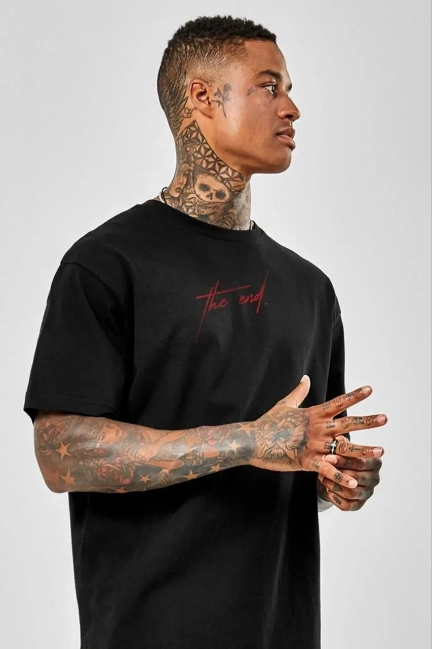 Unisex Bisiklet Yaka Oversize Baskılı T-Shirt - Siyah