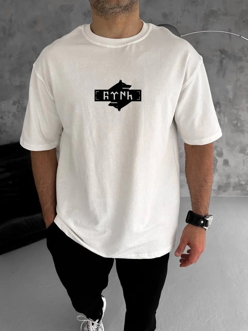 Unisex Bisiklet Yaka Baskılı Double Oversize T-Shirt - Siyah