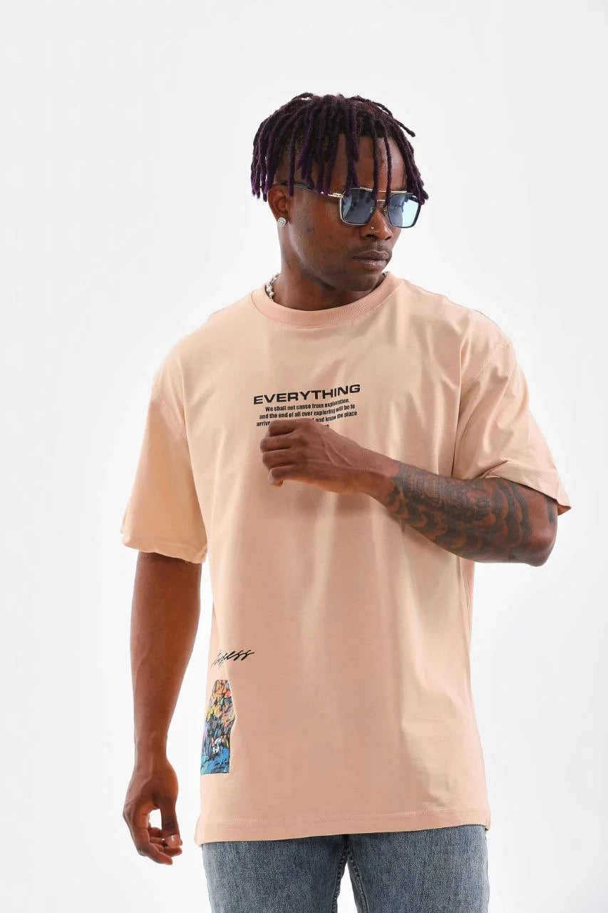 Unisex Bisiklet Yaka Baskılı Oversize T-Shirt - Beyaz