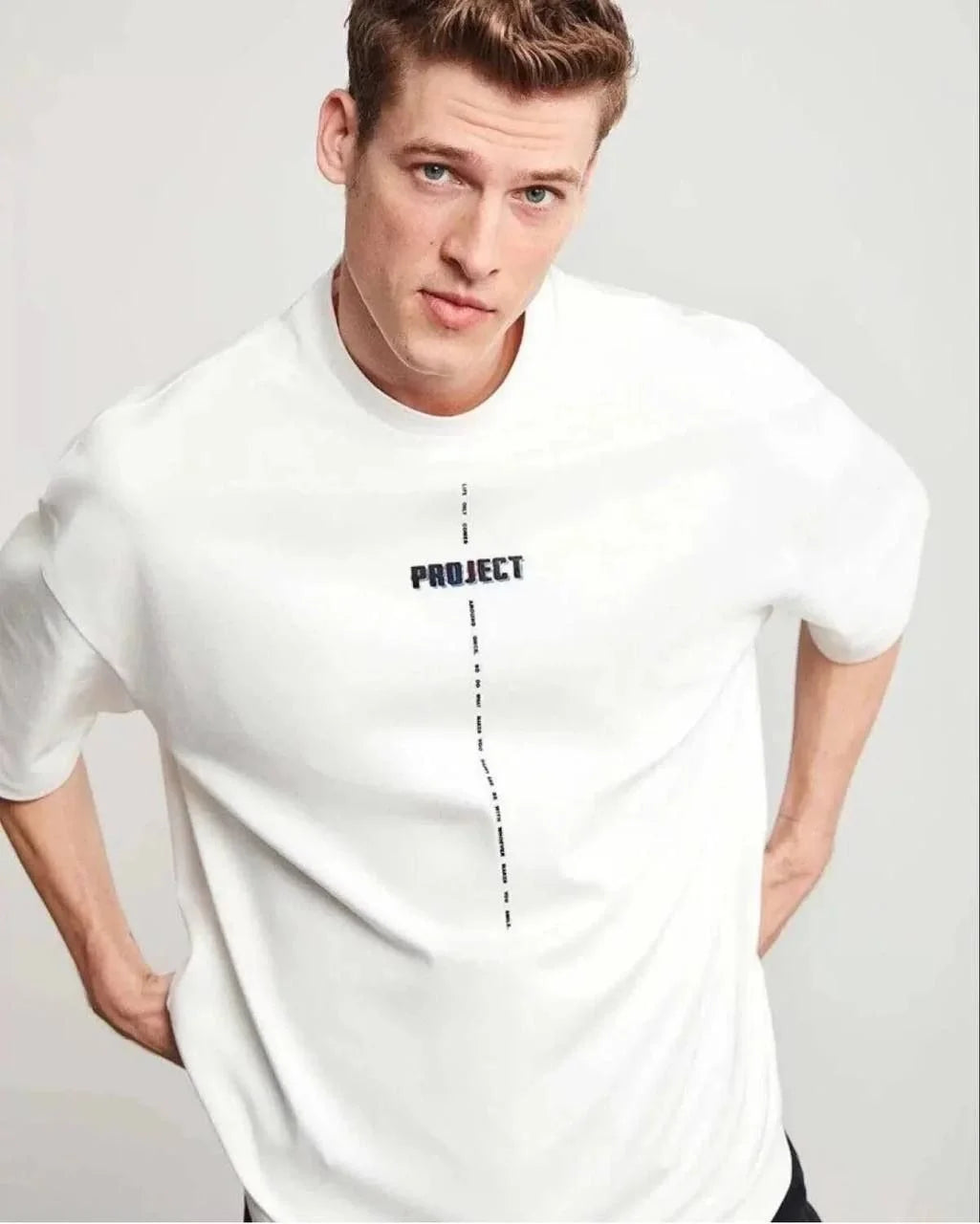 Unisex Bisiklet Yaka Baskılı Oversize T-Shirt - Siyah