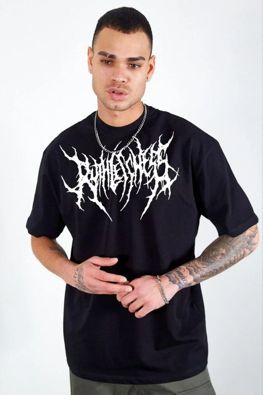 Unisex Bisiklet Yaka Baskılı Oversize T-Shirt - Beyaz