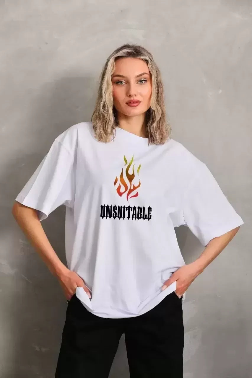 Unisex Bisiklet Yaka Baskılı Oversize T-Shirt - Siyah