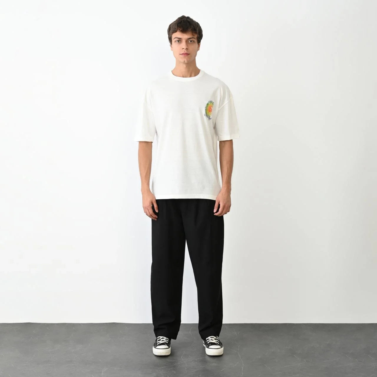 Unisex Bisiklet Yaka Baskılı Oversize T-Shirt - Siyah