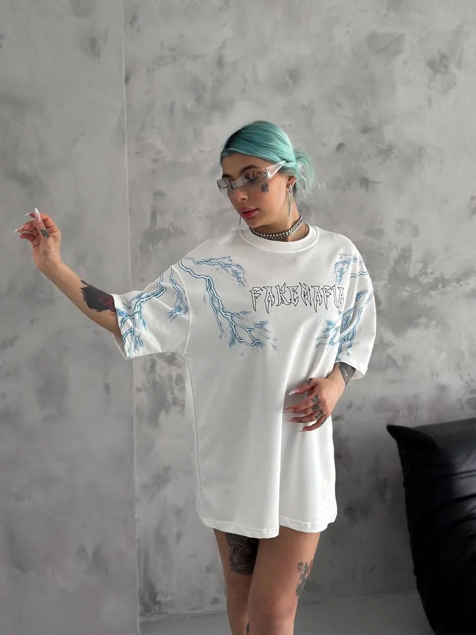 Unisex Bisiklet Yaka Baskılı Oversize T-Shirt - Siyah