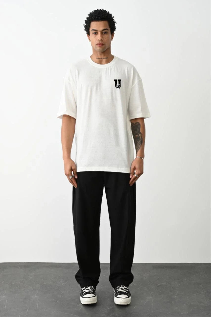 Unisex Bisiklet Yaka Baskılı Oversize T-Shirt - Siyah