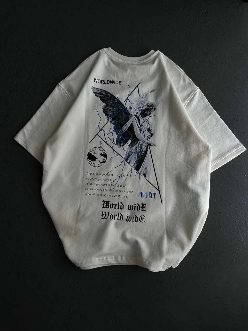 Unisex Bisiklet Yaka Baskılı Oversize T-Shirt - Siyah