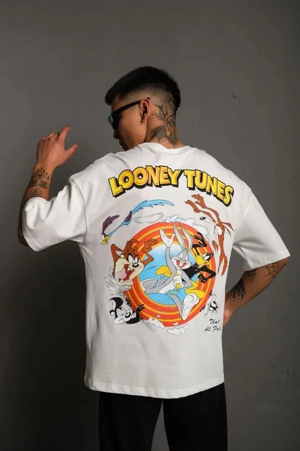 Unisex Bisiklet Yaka Baskılı Oversize T-Shirt - Siyah