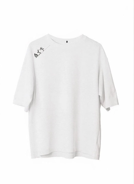 Unisex Bisiklet Yaka Baskılı Oversize T-Shirt - Siyah