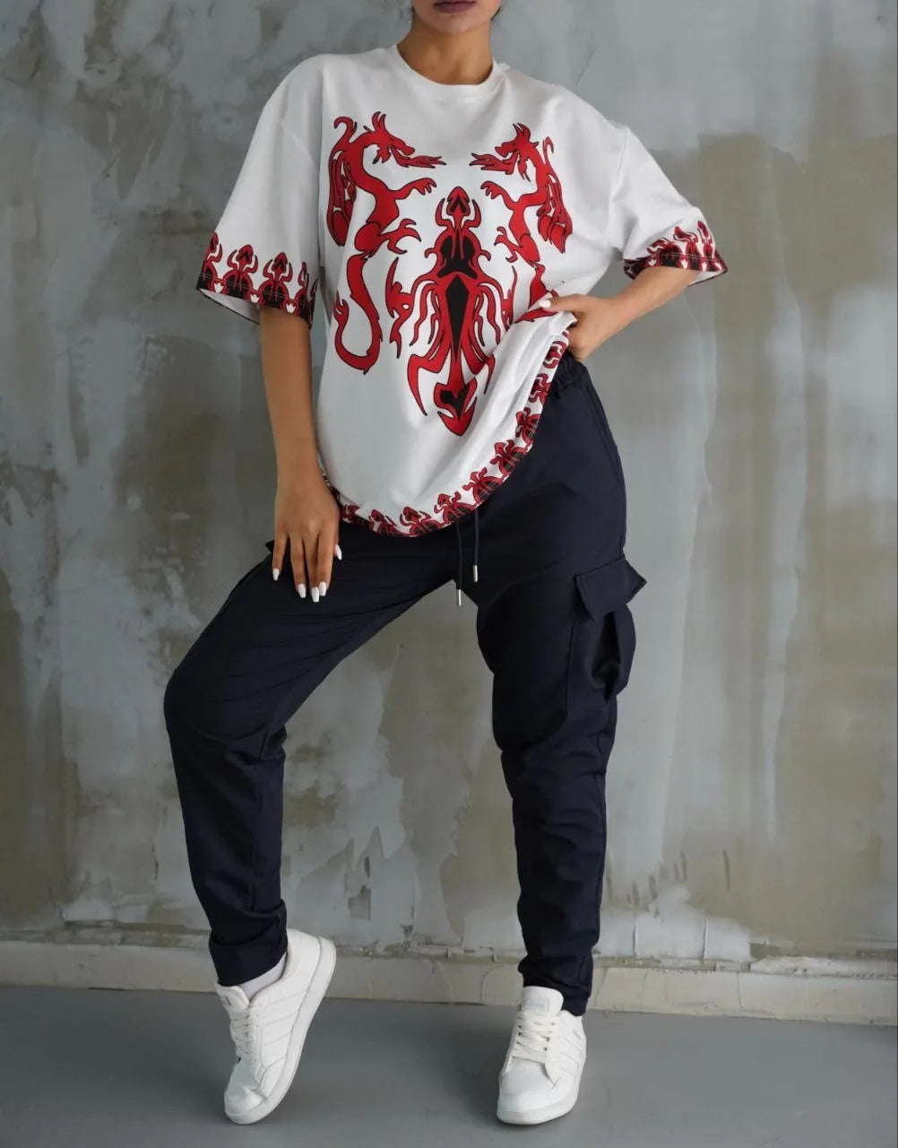 Unisex Bisiklet Yaka Baskılı Oversize T-Shirt - Siyah