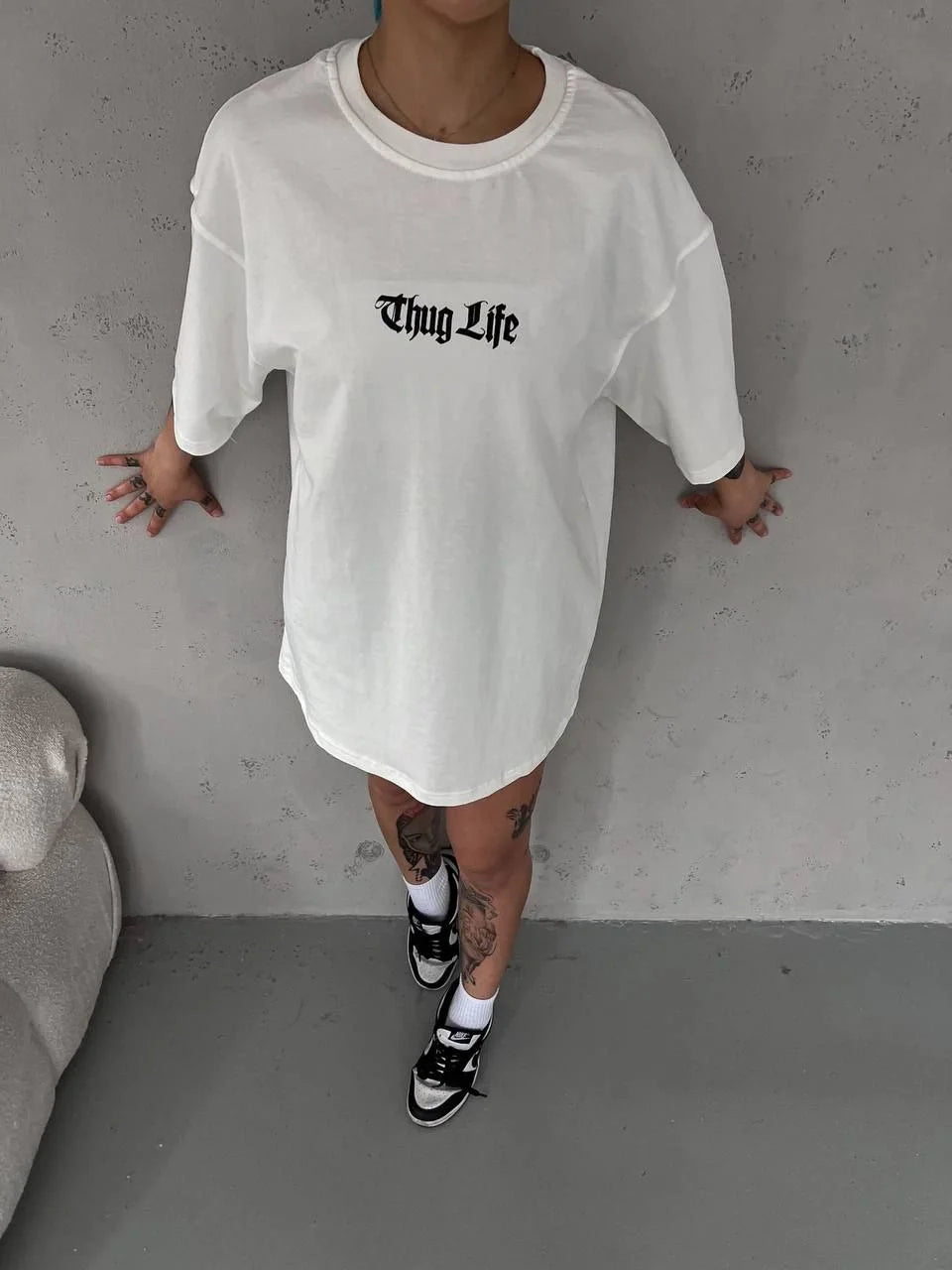 Unisex Bisiklet Yaka Baskılı Oversize T-Shirt - Siyah