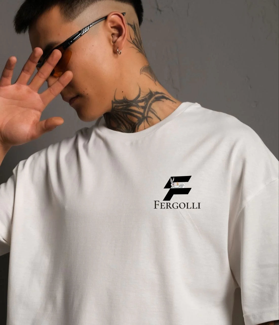 Unisex Bisiklet Yaka Baskılı Oversize T-Shirt - Siyah