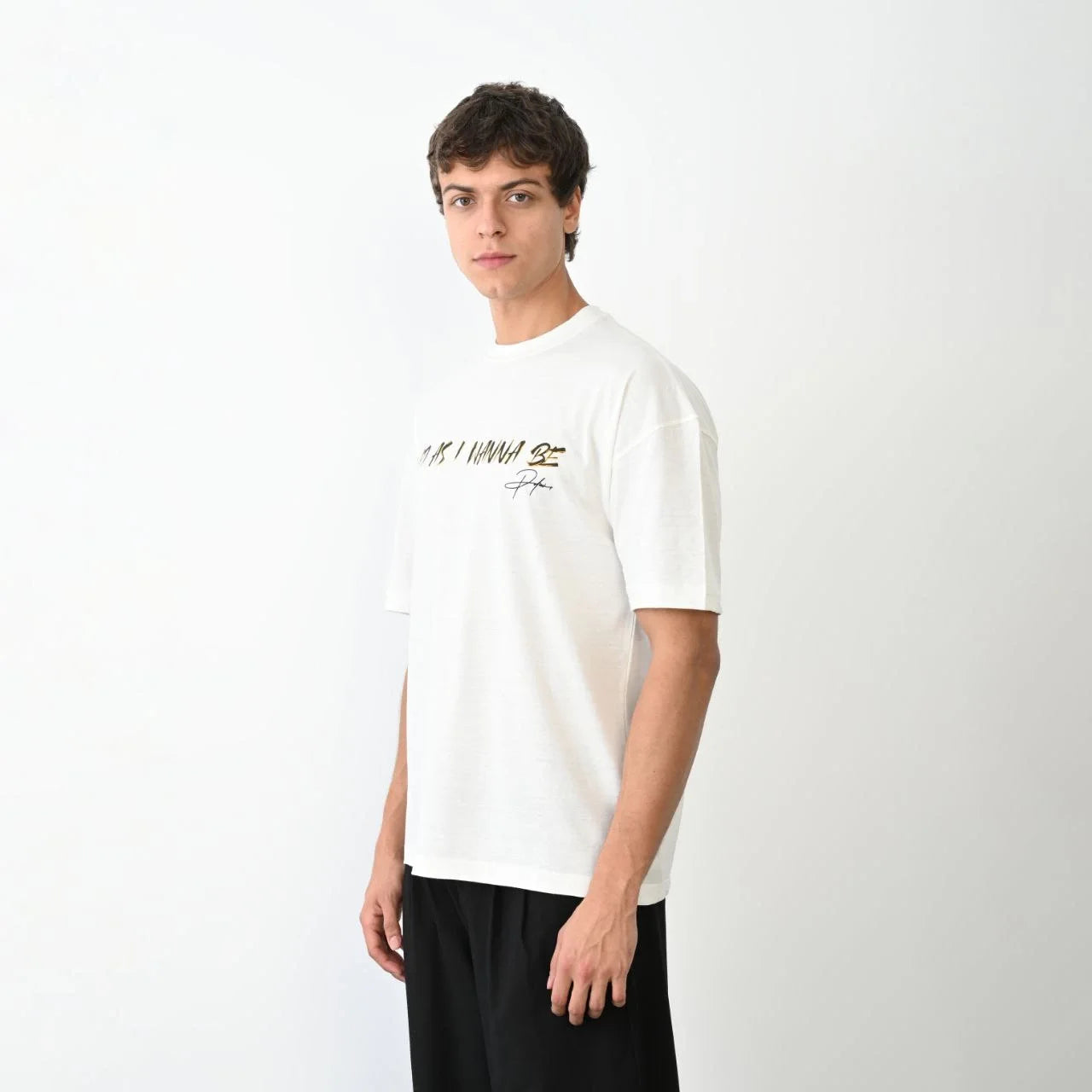 Unisex Bisiklet Yaka Baskılı Oversize T-Shirt - Siyah