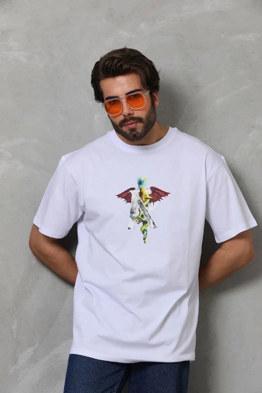 Unisex Bisiklet Yaka Baskılı Oversize T-Shirt - Siyah