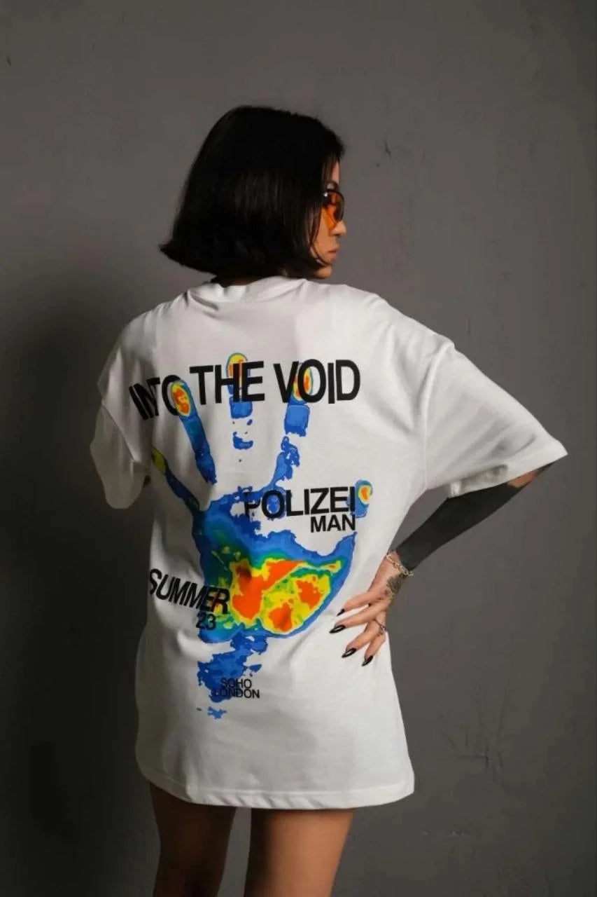 Unisex Bisiklet Yaka Baskılı Oversize T-Shirt - Siyah