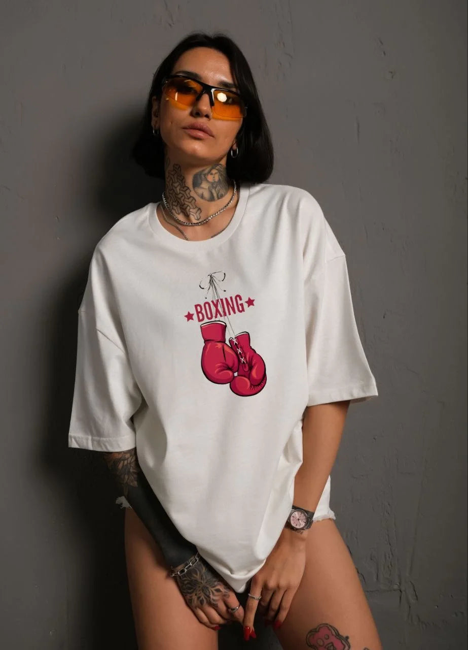 Unisex Bisiklet Yaka Baskılı Oversize T-Shirt - Siyah