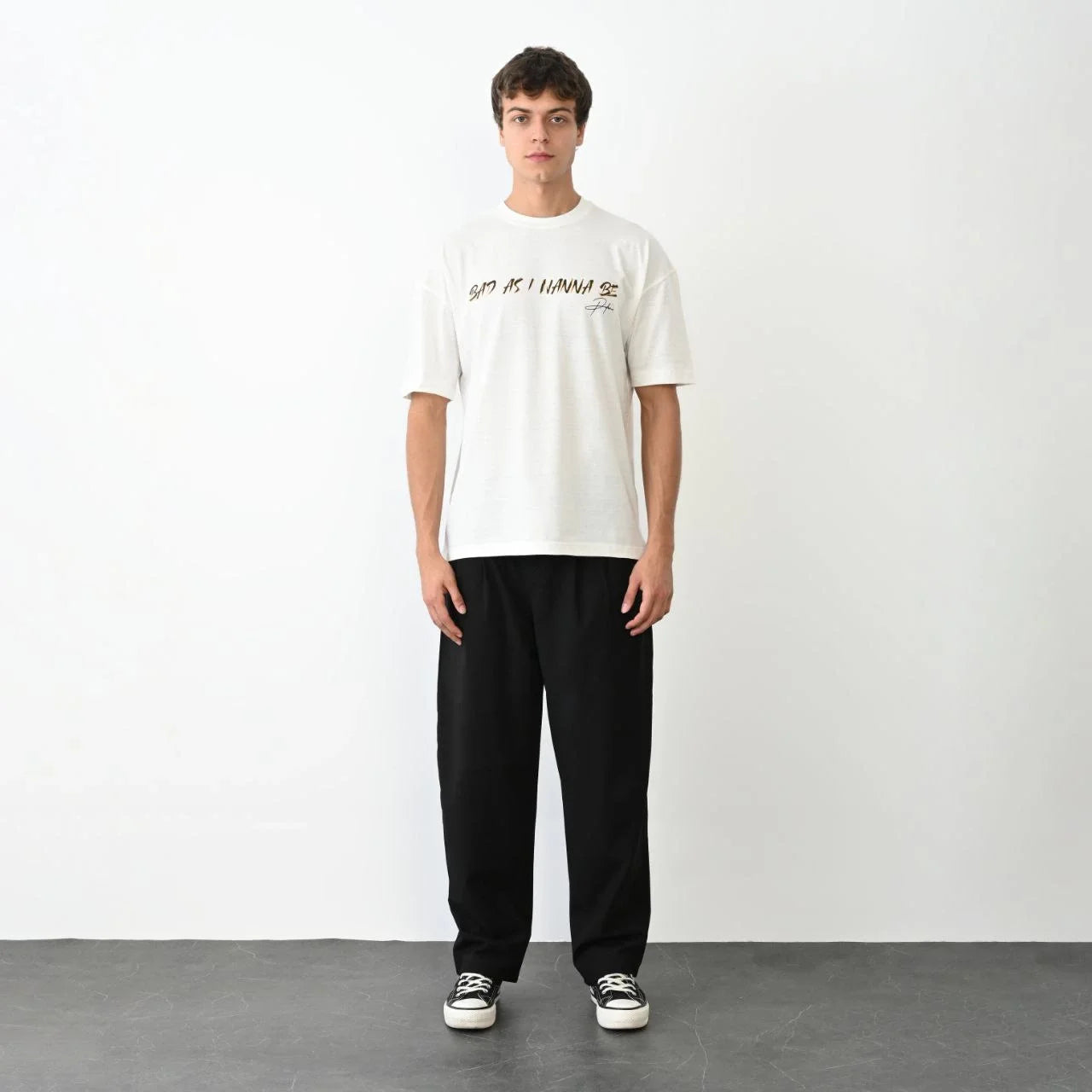 Unisex Bisiklet Yaka Baskılı Oversize T-Shirt - Siyah