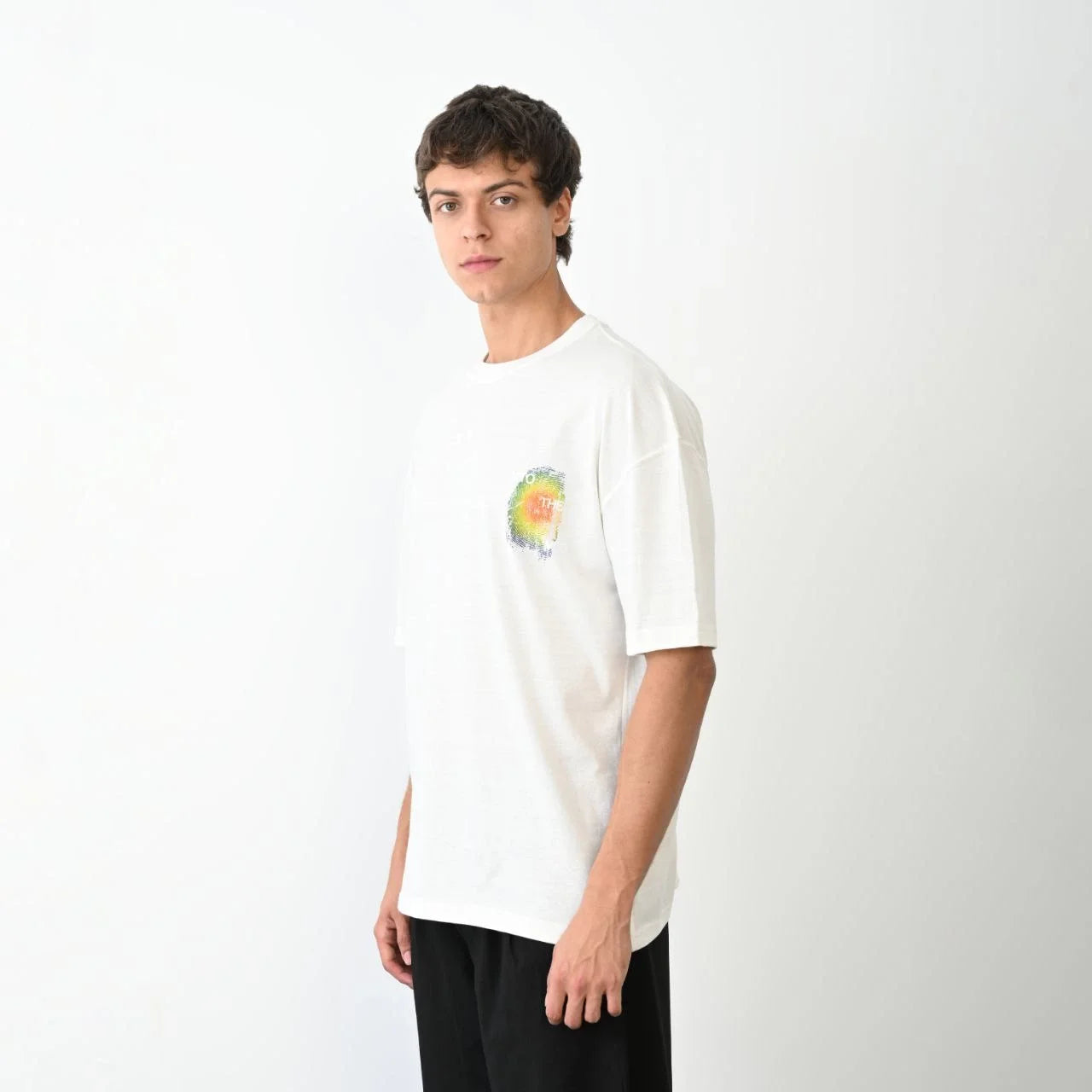 Unisex Bisiklet Yaka Baskılı Oversize T-Shirt - Siyah