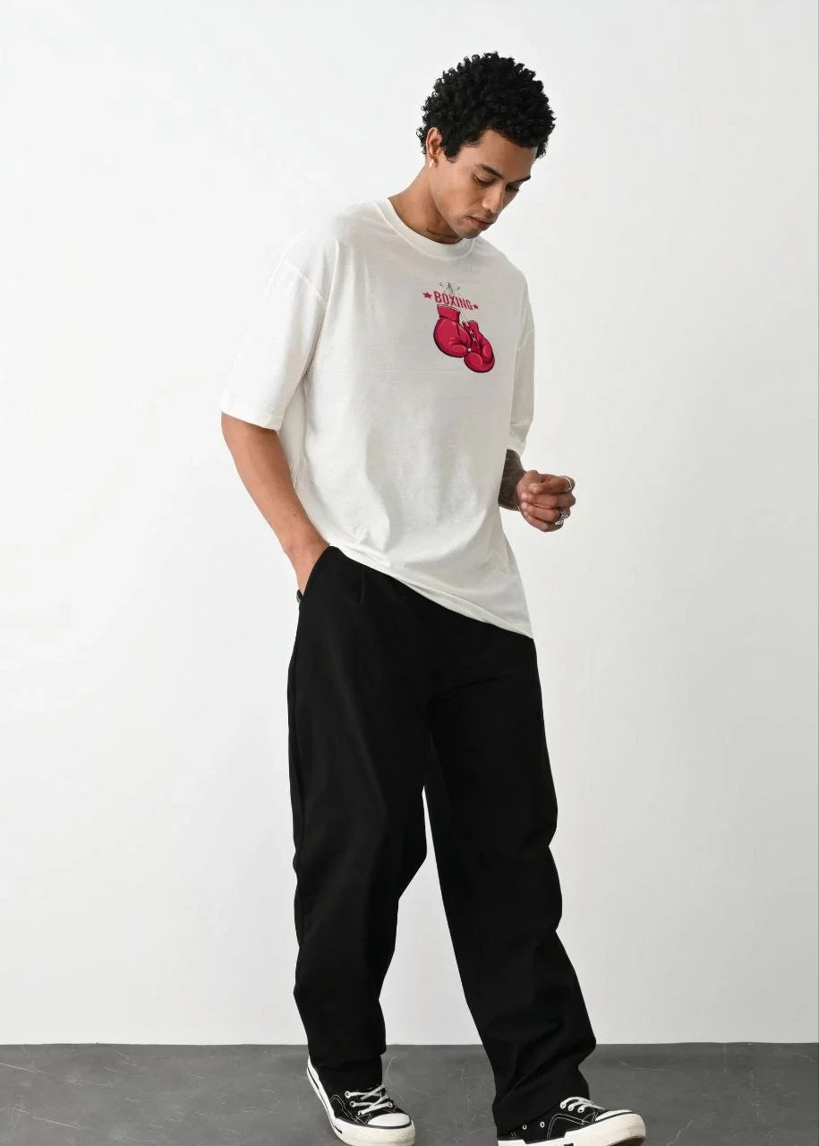 Unisex Bisiklet Yaka Baskılı Oversize T-Shirt - Siyah