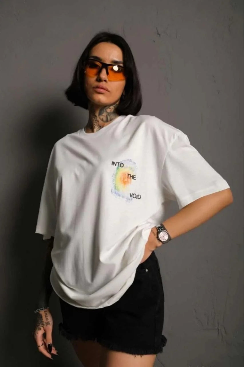 Unisex Bisiklet Yaka Baskılı Oversize T-Shirt - Siyah