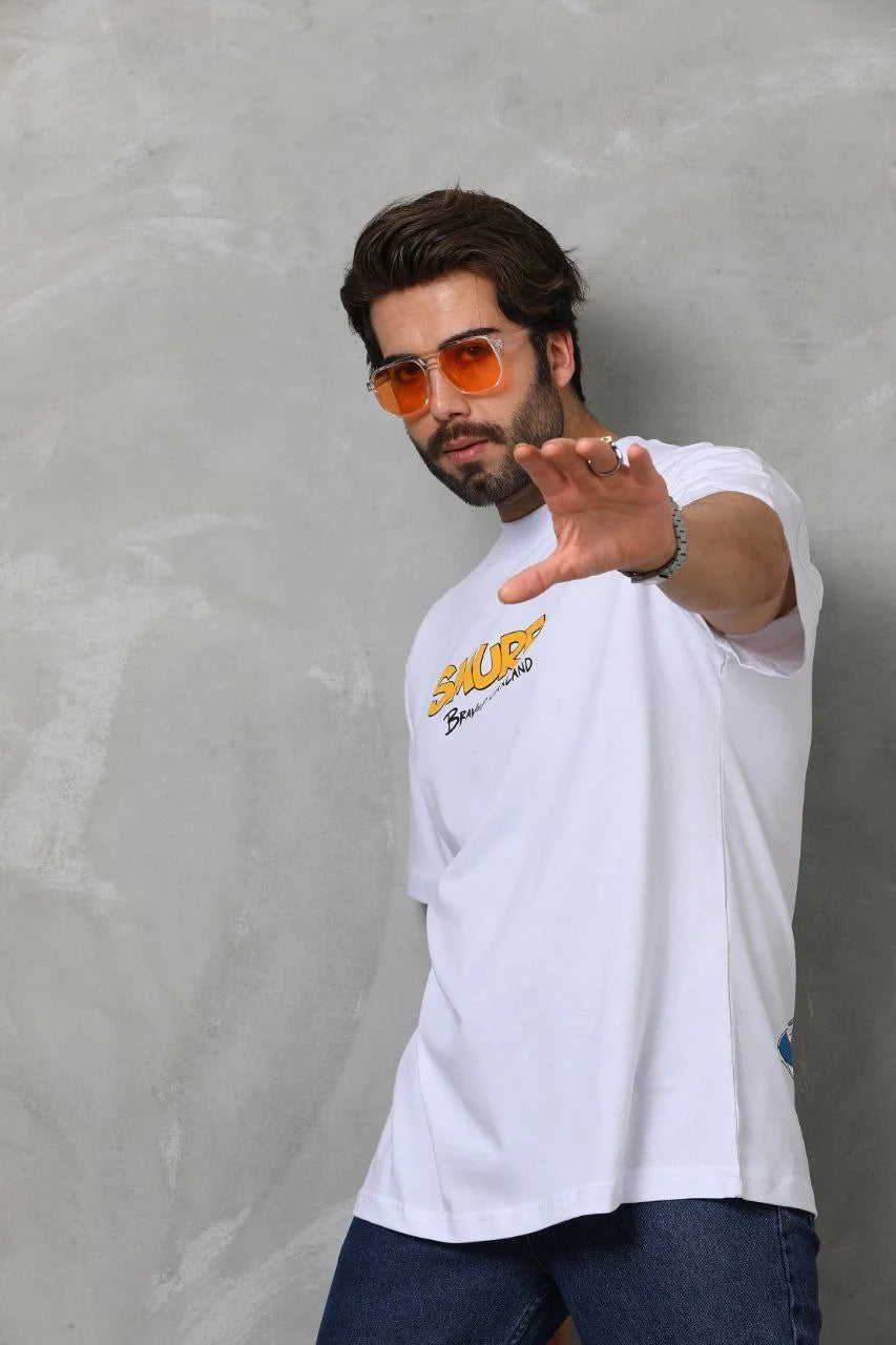 Unisex Bisiklet Yaka Baskılı Oversize T-Shirt - Siyah