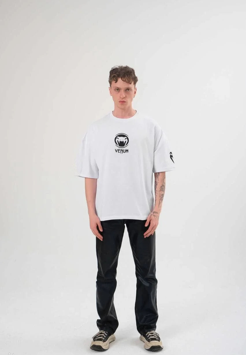 Unisex Bisiklet Yaka Baskılı Oversize T-Shirt - Siyah