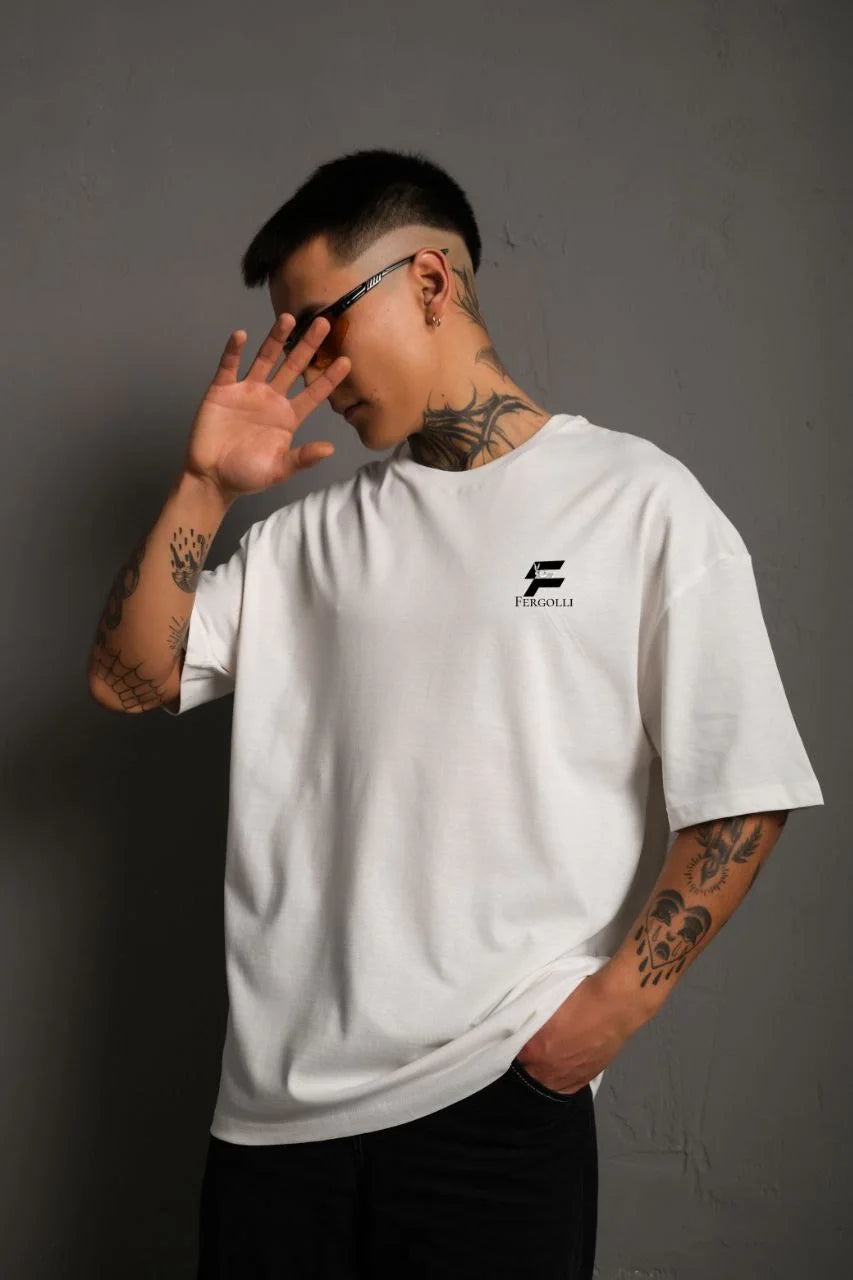 Unisex Bisiklet Yaka Baskılı Oversize T-Shirt - Siyah