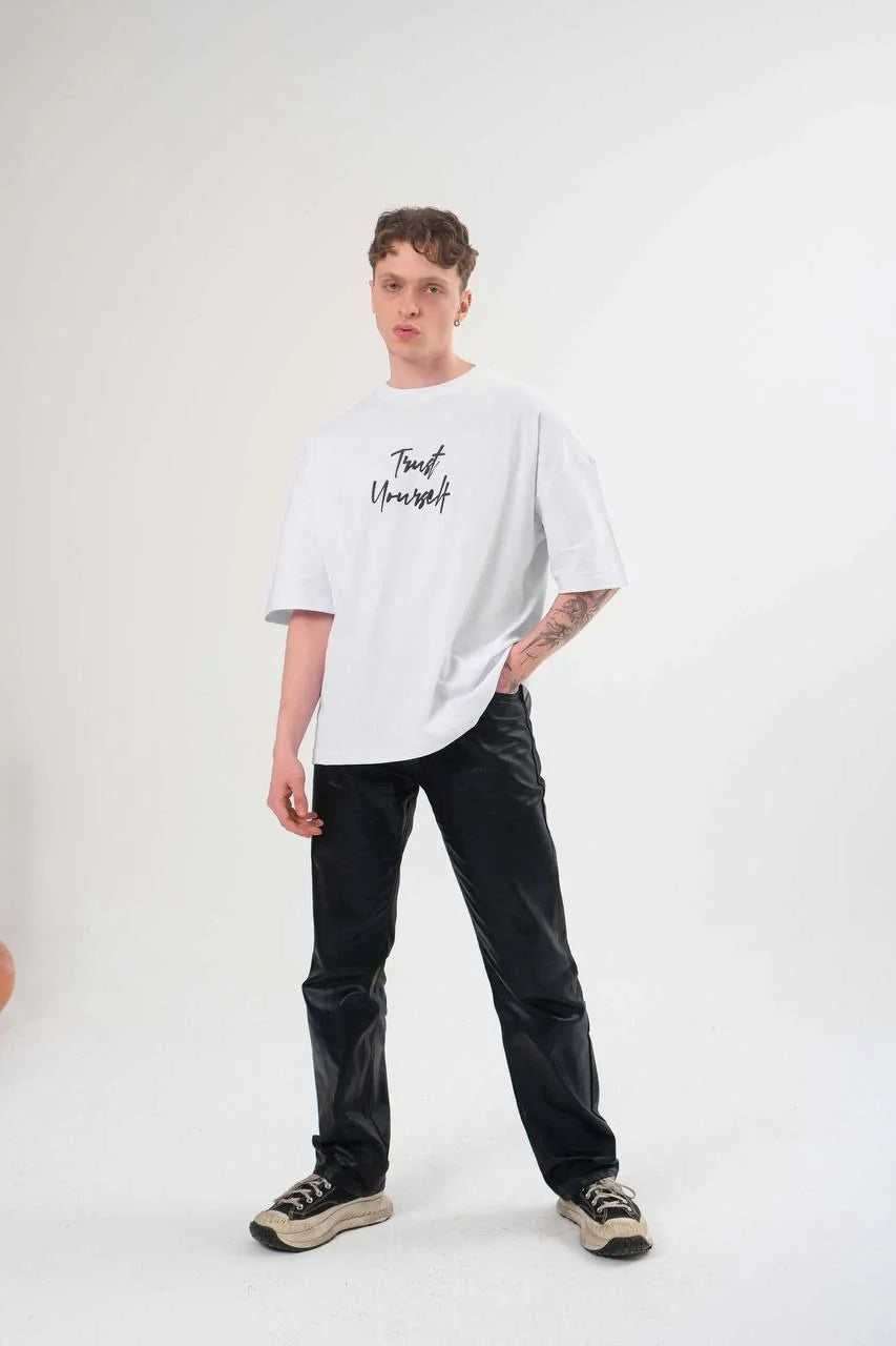 Unisex Bisiklet Yaka Baskılı Oversize T-Shirt - Siyah