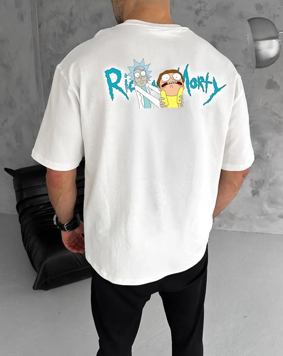 Unisex Bisiklet Yaka Baskılı Oversize T-Shirt - Siyah