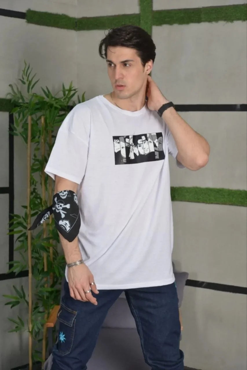 Unisex Bisiklet Yaka Baskılı Oversize T-Shirt - Siyah