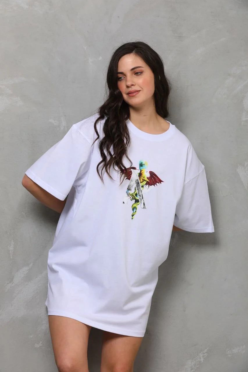 Unisex Bisiklet Yaka Baskılı Oversize T-Shirt - Siyah
