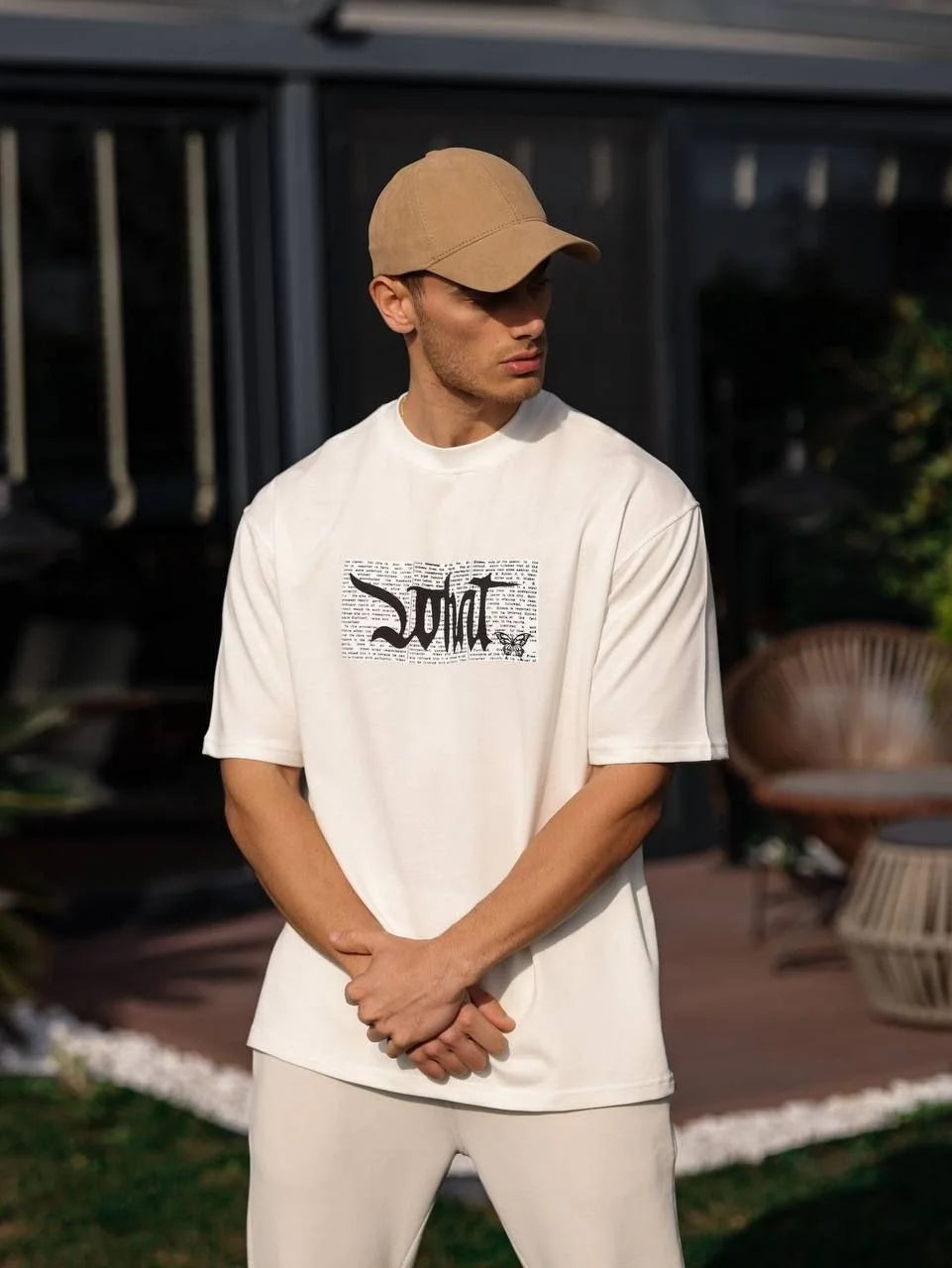 Unisex Bisiklet Yaka Baskılı Oversize T-Shirt - Siyah