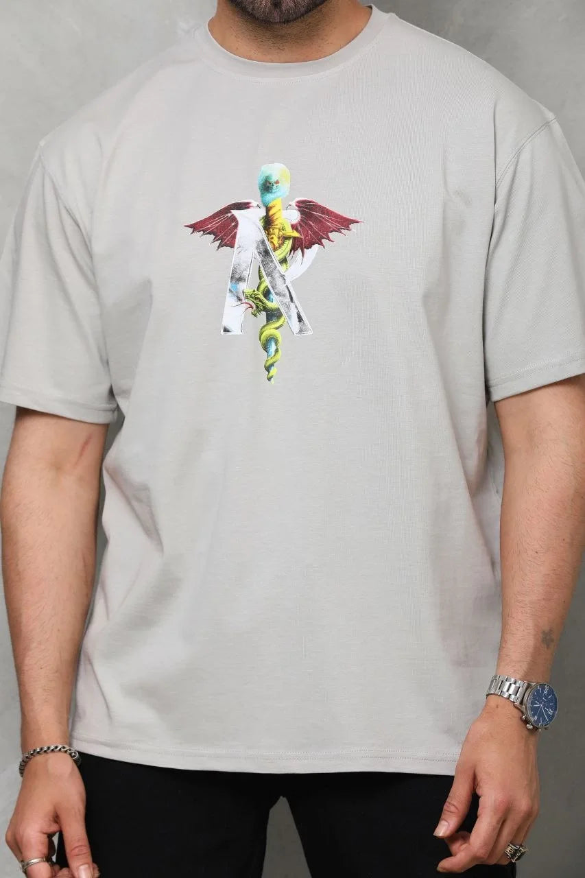 Unisex Bisiklet Yaka Baskılı Oversize T-Shirt - Siyah