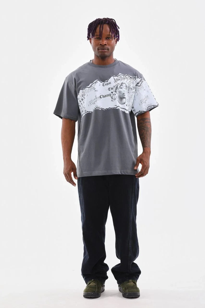 Unisex Bisiklet Yaka Baskılı Oversize T-Shirt - Beyaz