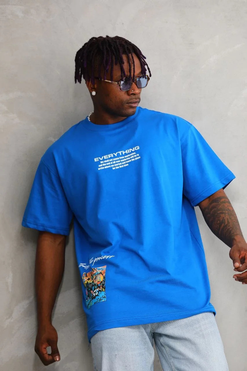 Unisex Bisiklet Yaka Baskılı Oversize T-Shirt - Beyaz