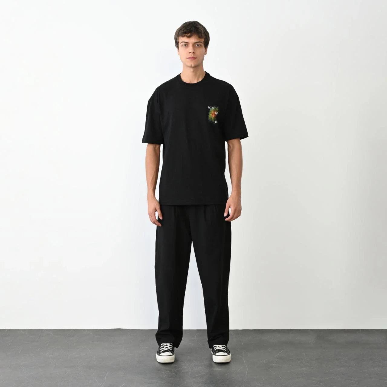 Unisex Bisiklet Yaka Baskılı Oversize T-Shirt - Siyah