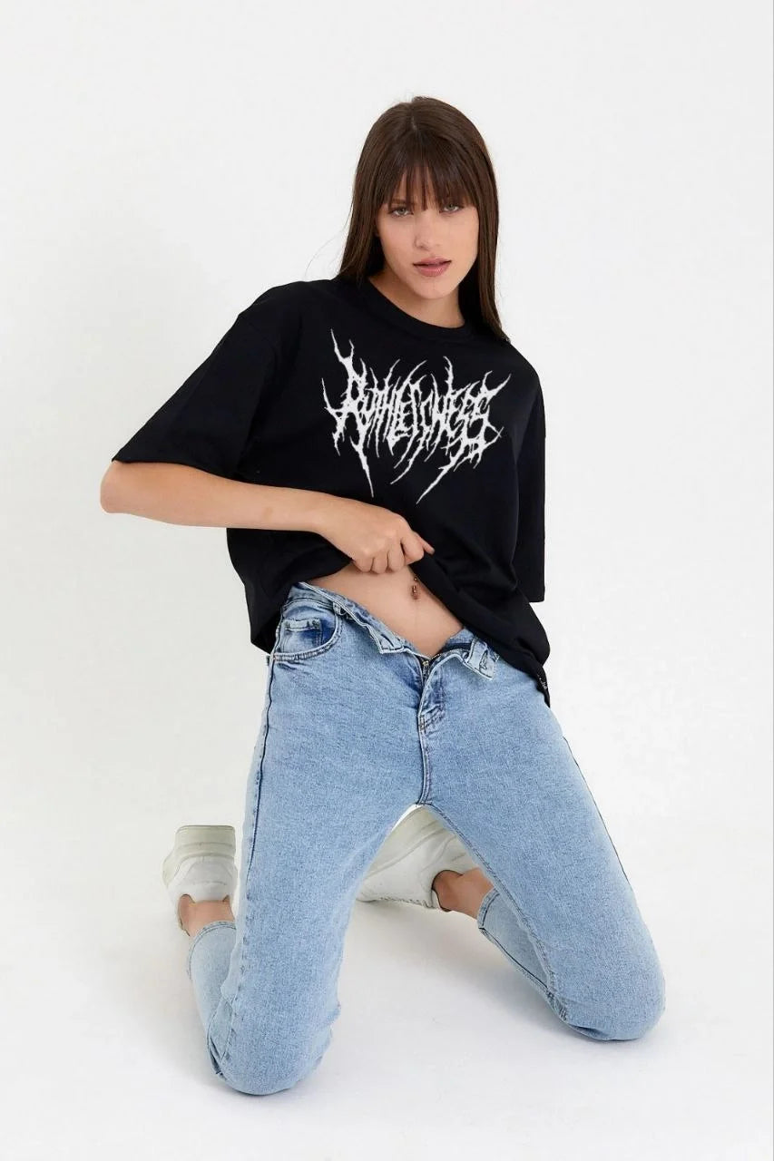 Unisex Bisiklet Yaka Baskılı Oversize T-Shirt - Beyaz