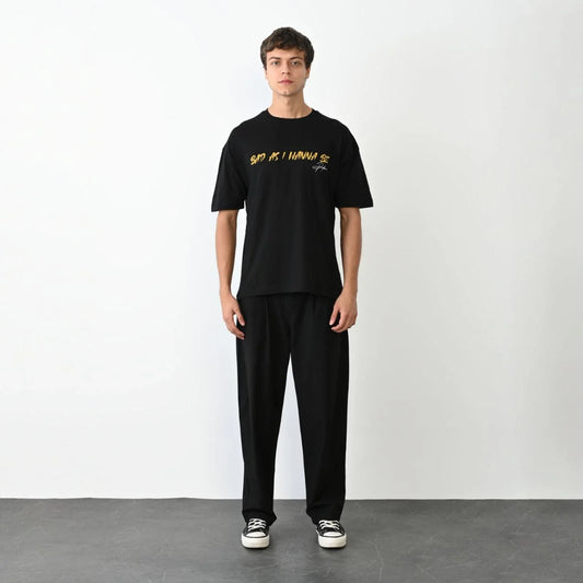 Unisex Bisiklet Yaka Baskılı Oversize T-Shirt - Siyah