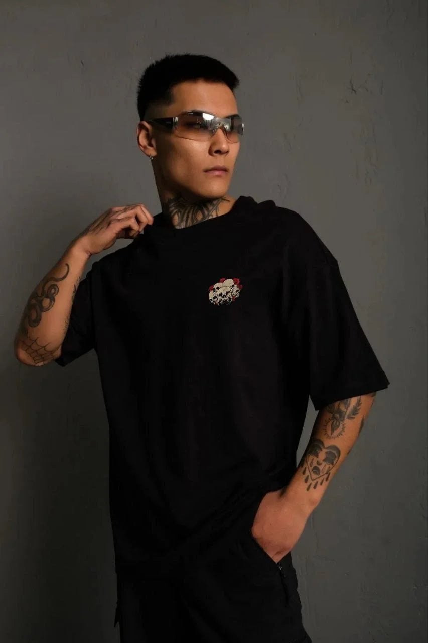 Unisex Bisiklet Yaka Baskılı Oversize T-Shirt - Siyah