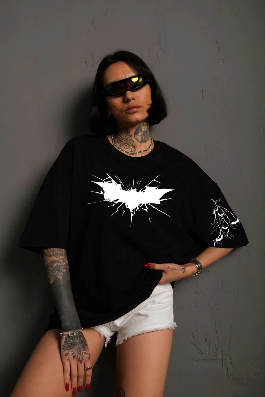 Unisex Ön ve Kol Baskılı Oversize T-shirt - Beyaz