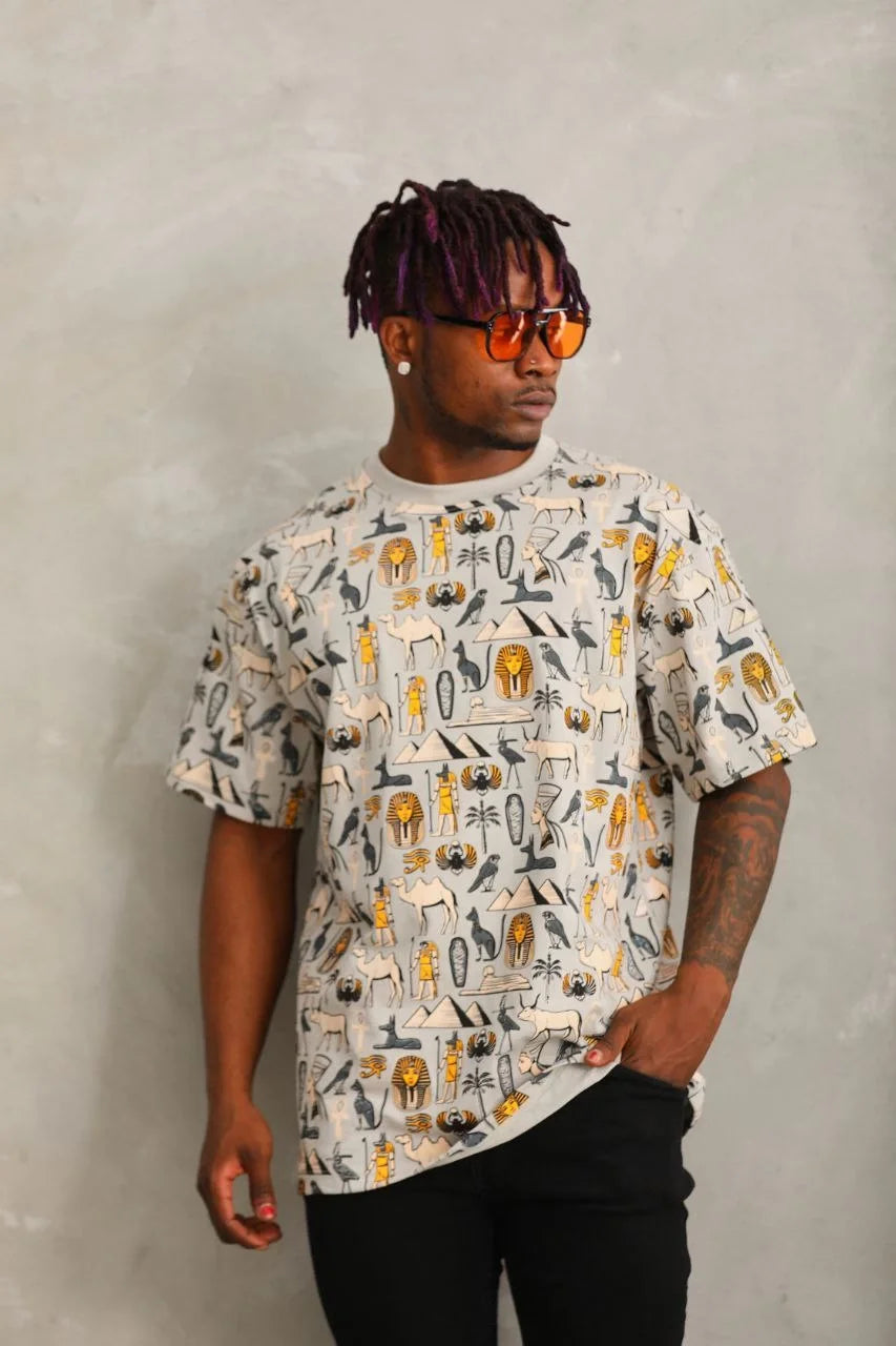 Unisex Oversize Baskılı Bisiklet Yaka T-Shirt - Beyaz