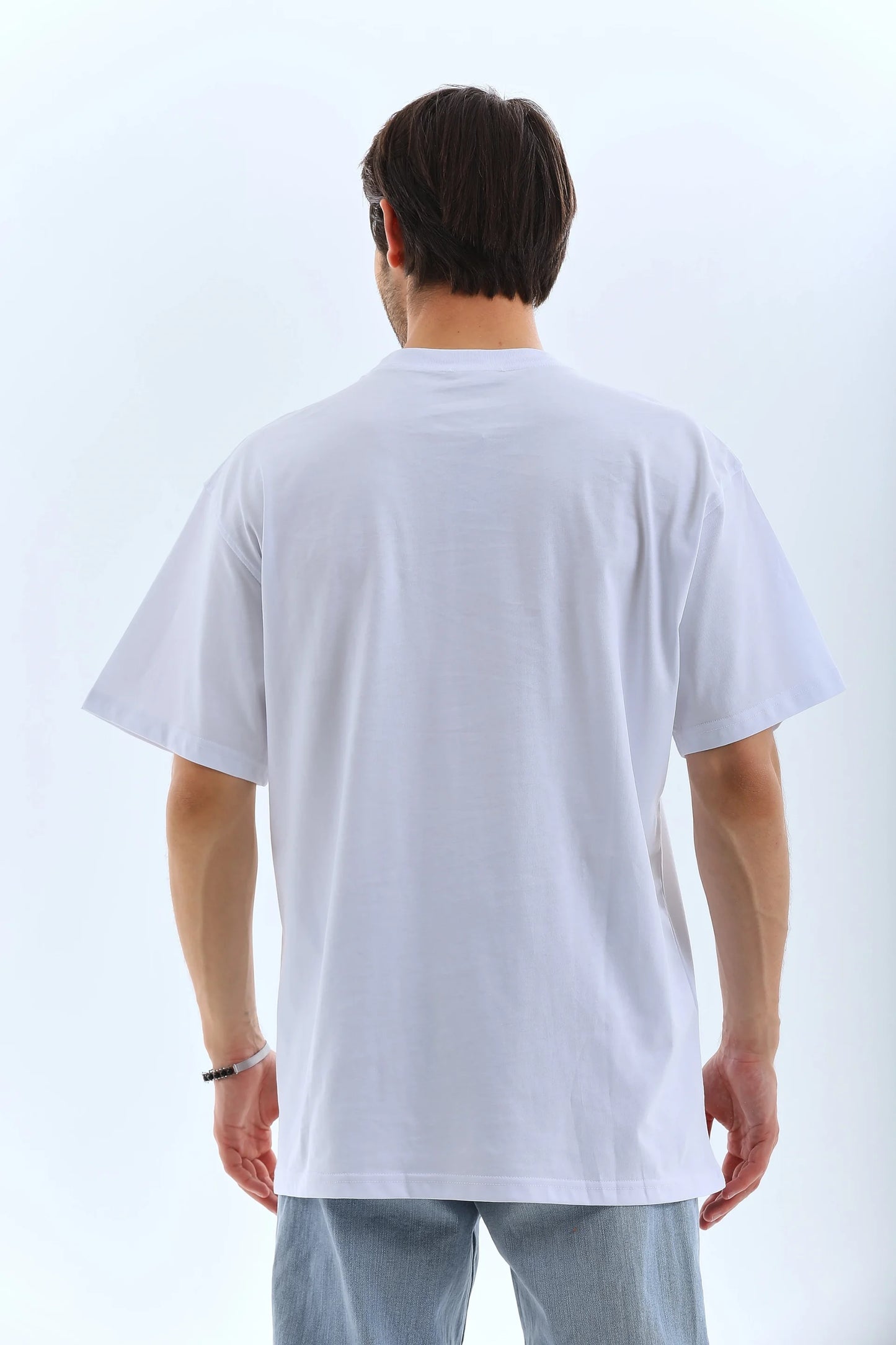 Unisex Oversize Taşlı Bisiklet Yaka T-Shirt - Siyah