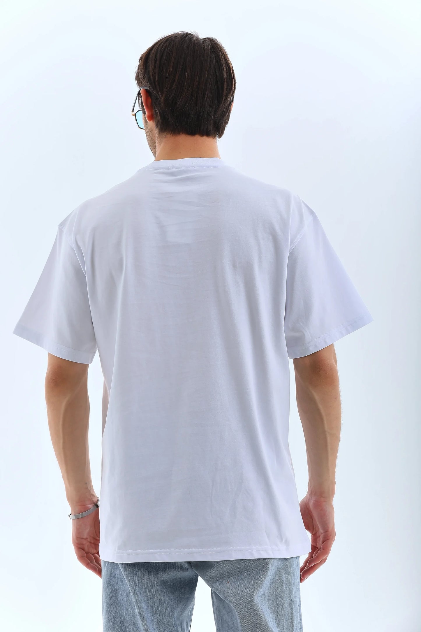 Unisex Oversize Taşlı Bisiklet Yaka T-Shirt - Siyah