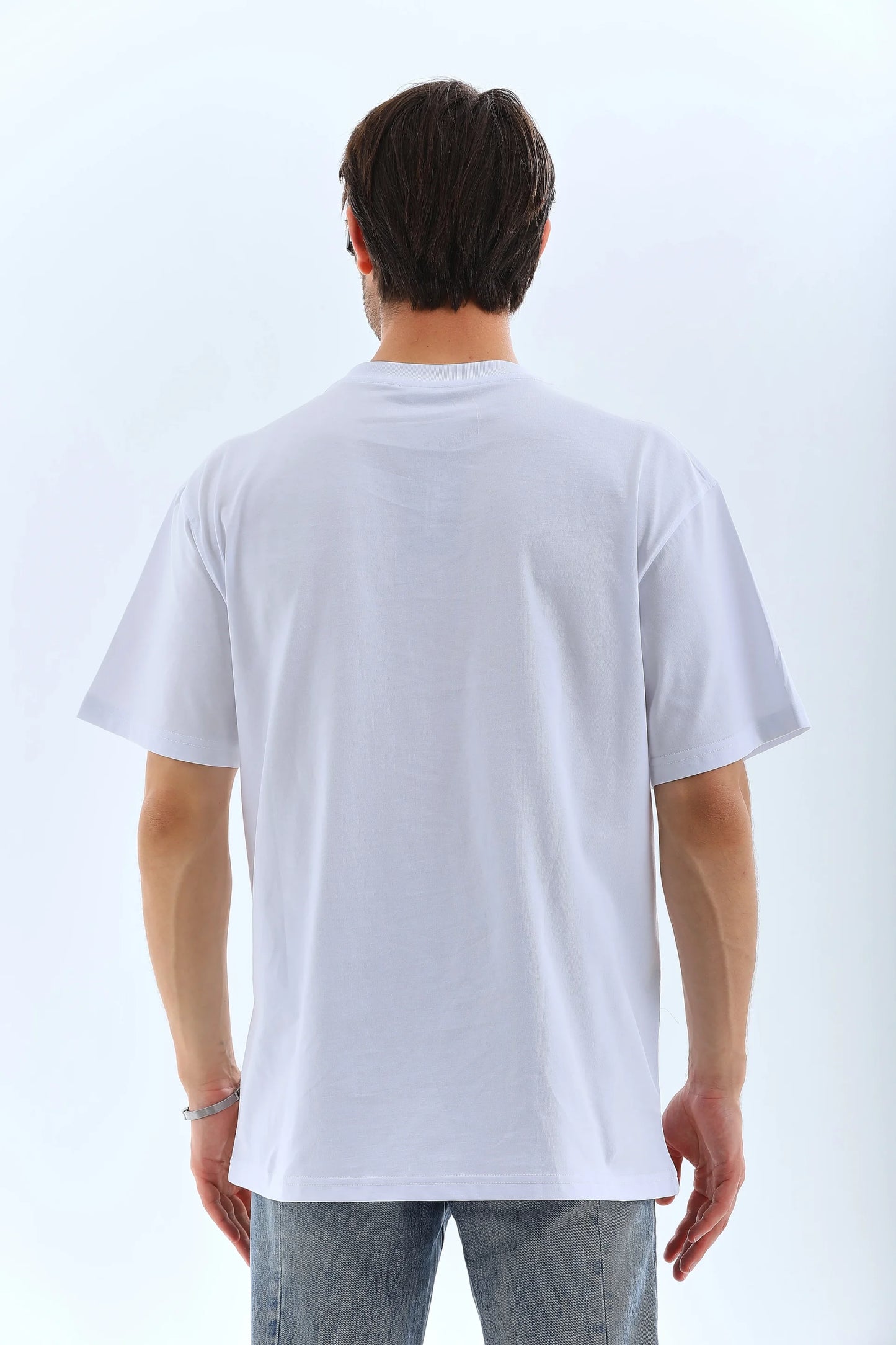 Unisex Oversize Taşlı Bisiklet Yaka T-Shirt - Beyaz