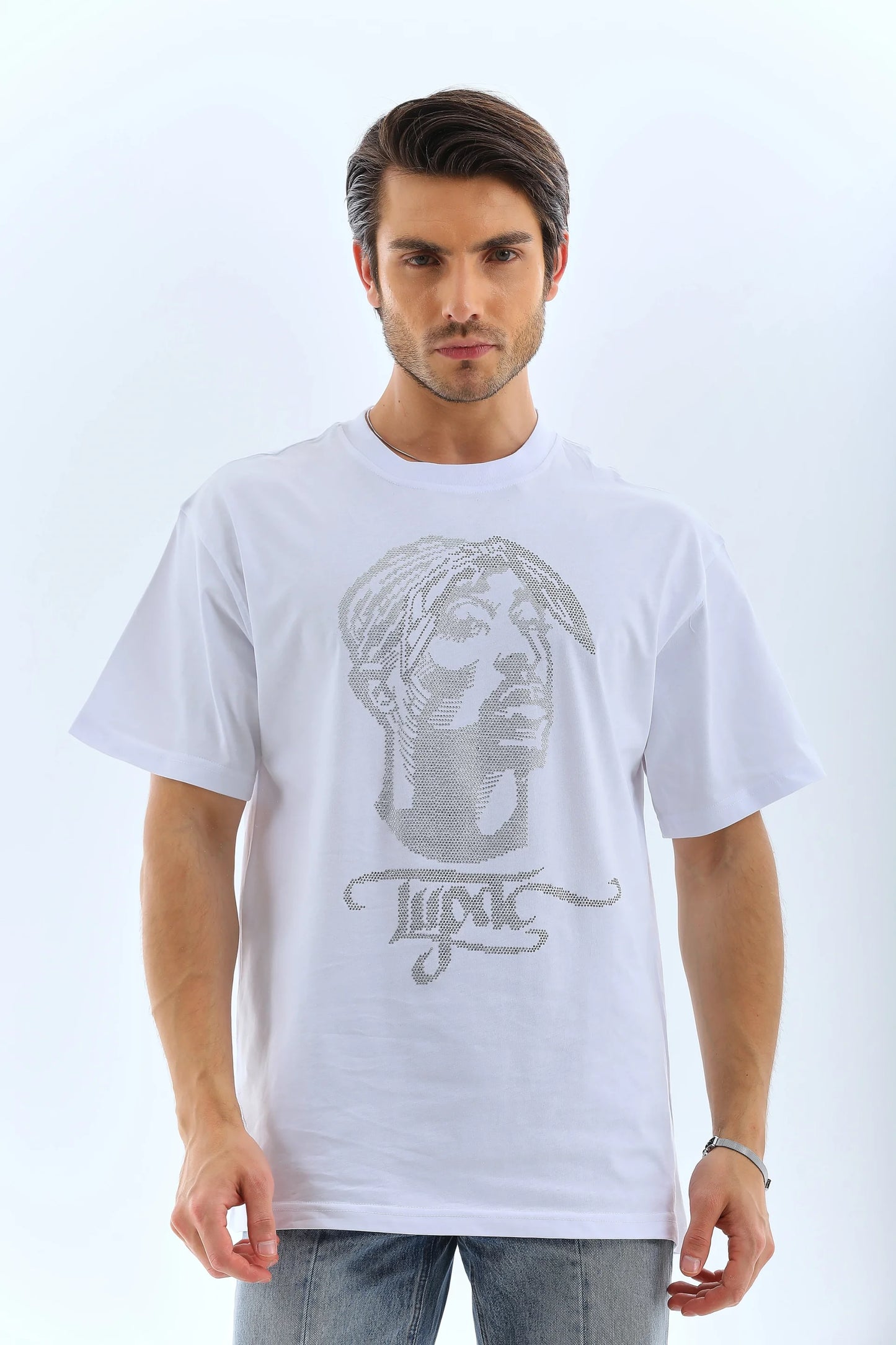 Unisex Oversize Taşlı Bisiklet Yaka T-Shirt - Siyah