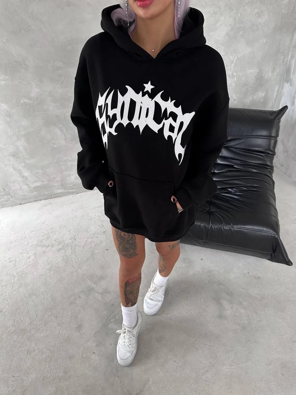 Unisex Üç İplik Kapüşonlu Baskılı SweatShirt - Beyaz